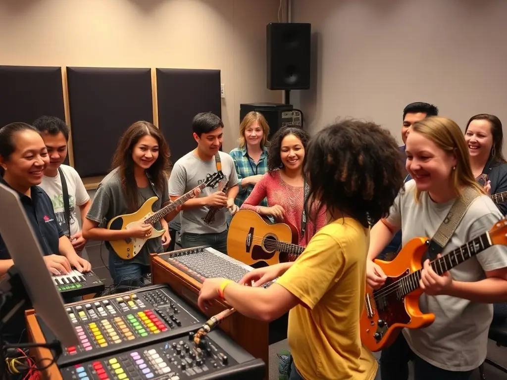 A vibrant photograph capturing a DATAK-sponsored music workshop, with artists collaborating and learning from experienced mentors in a creative environment.