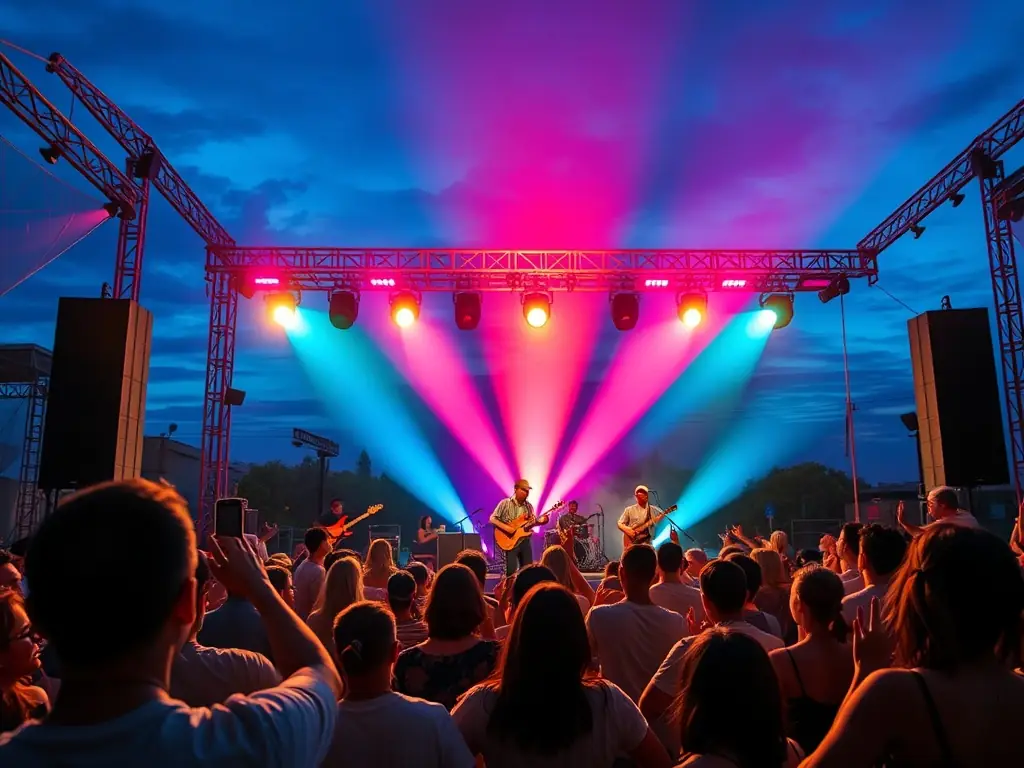 A dynamic image showcasing a live performance at a DATAK-organized event, with diverse musicians and an enthusiastic audience, highlighting the organization's role in promoting local talent.