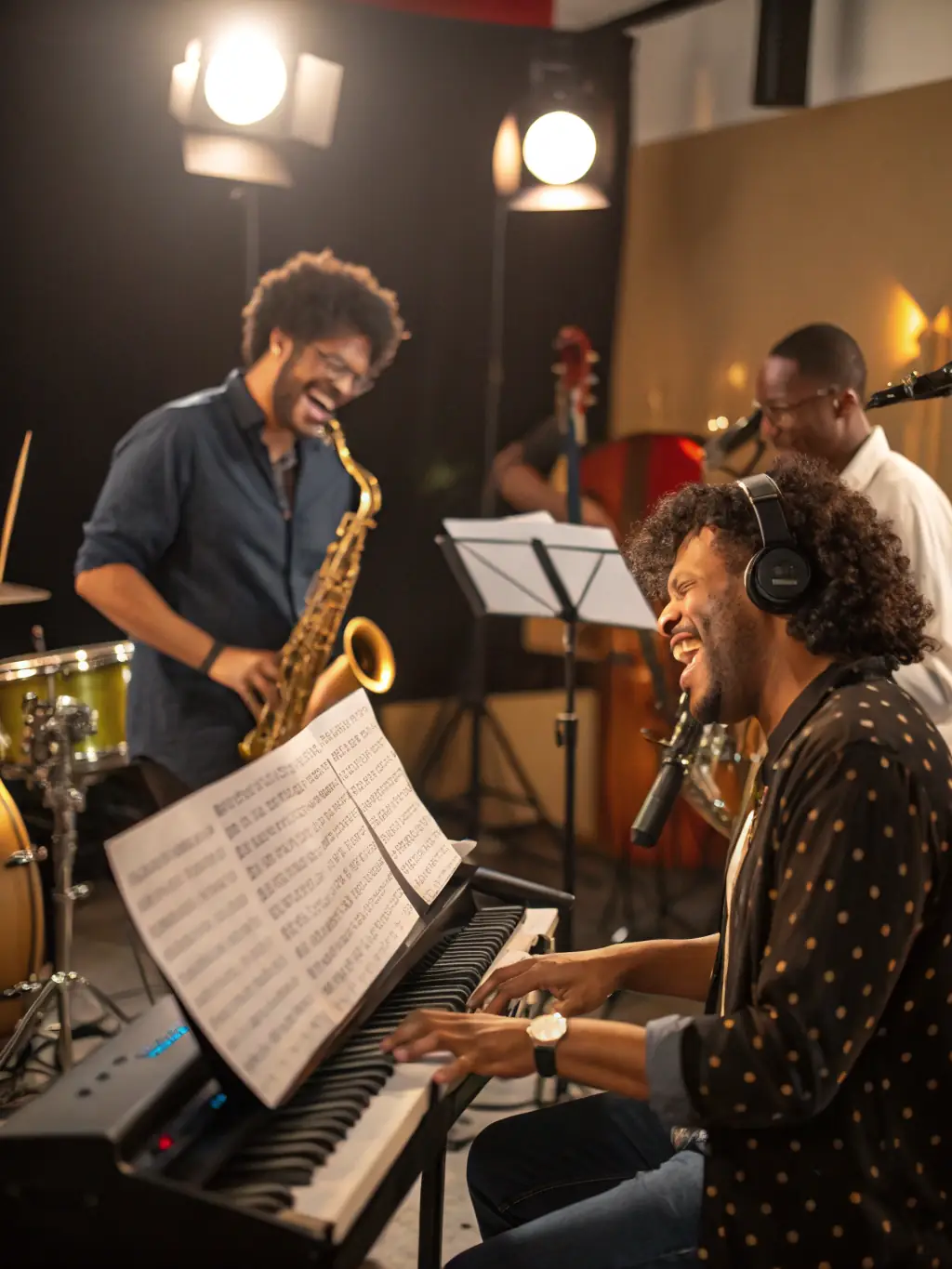 A vibrant image of musicians participating in a DATAK-sponsored workshop, showcasing hands-on learning and collaboration in a creative environment.