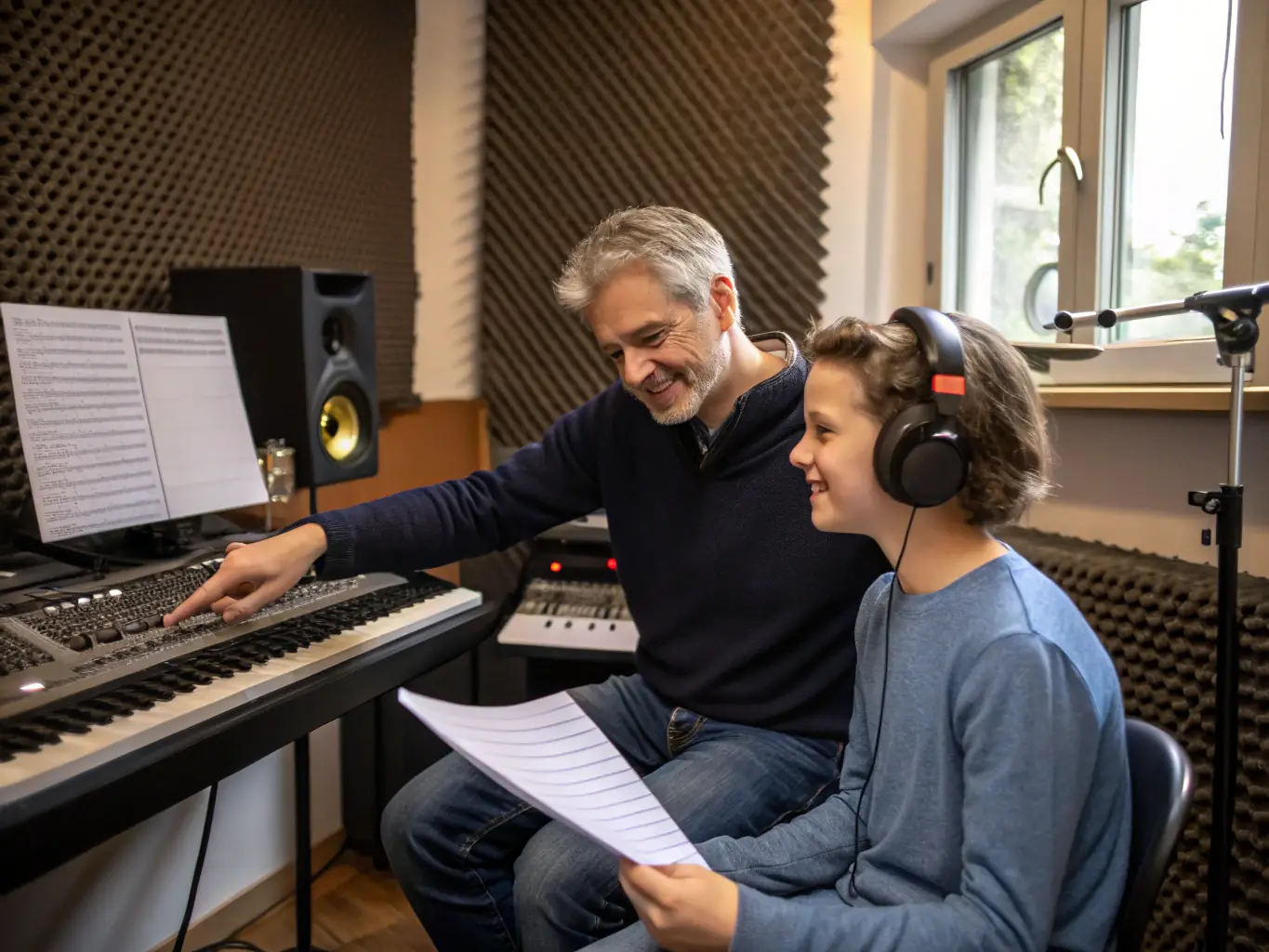 An image of a music workshop with artists receiving guidance from a mentor, showcasing collaboration and learning.